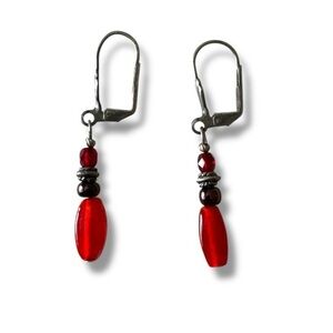 Holiday Ready Red Glass & Silver Beaded Drop Dangle Earrings